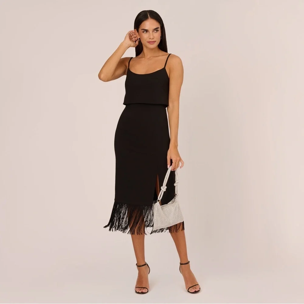 Aidan Adrianna Papell Crepe Popover Midi Black Fringe Hem Sheath Dress 2 LBD NWT - Picture 16 of 16